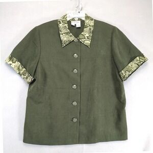 Vtg 90s Betsy's Things Green Blouse Women's Plus Size 16W Animal Print Collar